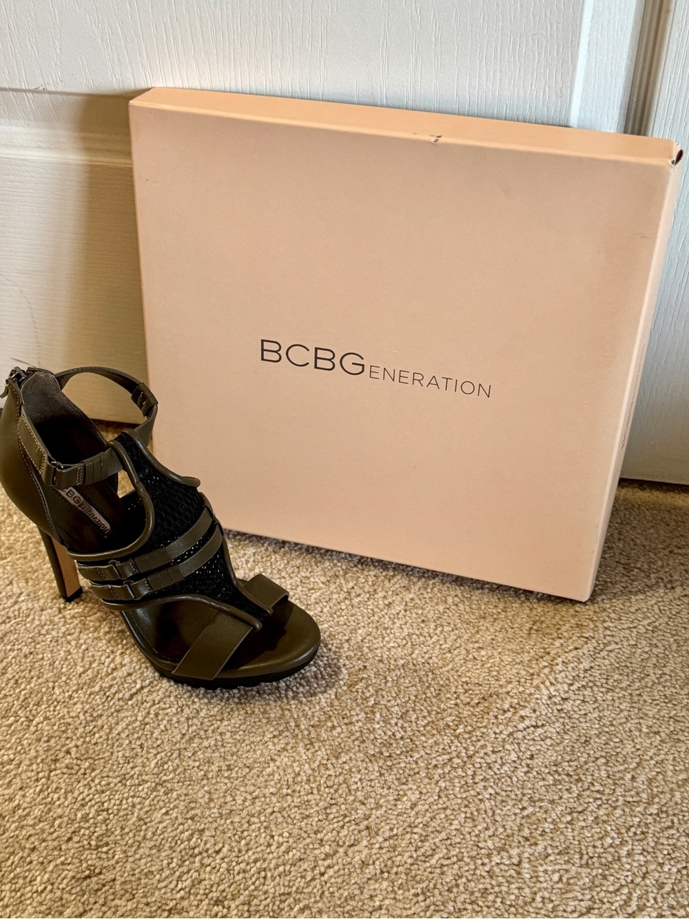 BCBGeneration Black Strappy High Heel Sandals with Buckle Accents